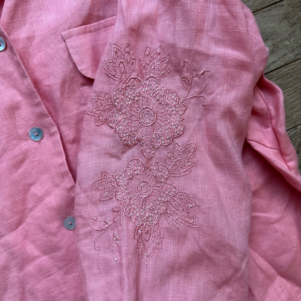 Edward Button Up Shirt Womens Large Embroidered Beaded 100% Linen Pink Vintage - Picture 3 of 7